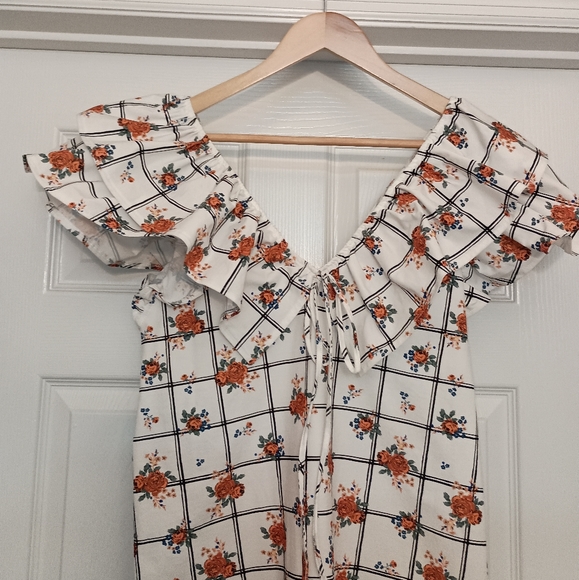 Zara Floral plaid ruffle Cap sleeves Orange Blue print flowers Size Large - Picture 7 of 11